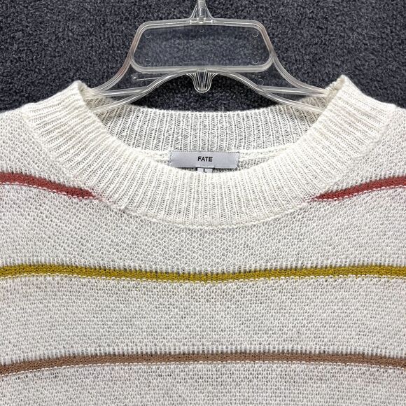 Fate Sweater Womens Large White Yellow Striped Knit Pullover soft crew neck - Picture 3 of 15